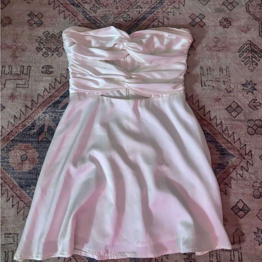 Peppermayo white silk strapless mini dress